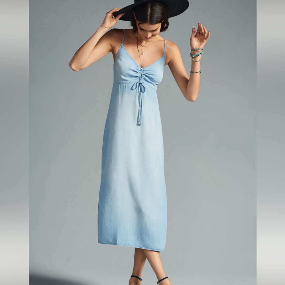 Cloth & Stone Ruched Chambray Denim Blue Spaghetti Strap Maxi Dress Size Large